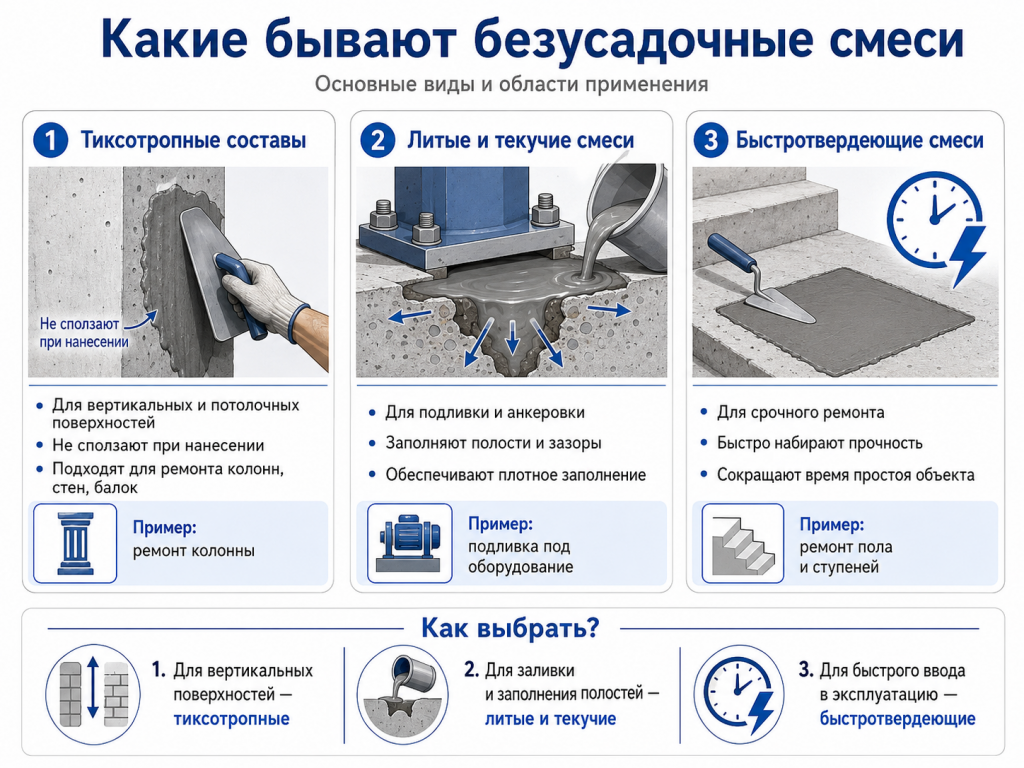 Инфографика с классификацией безусадочных смесей