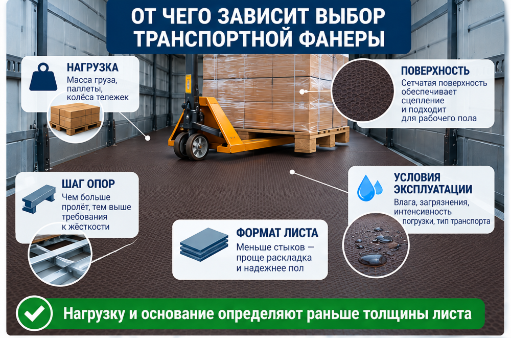 Выбор транспортной фанеры по нагрузке, шагу опор, формату листа, типу рабочей поверхности и условиям эксплуатации