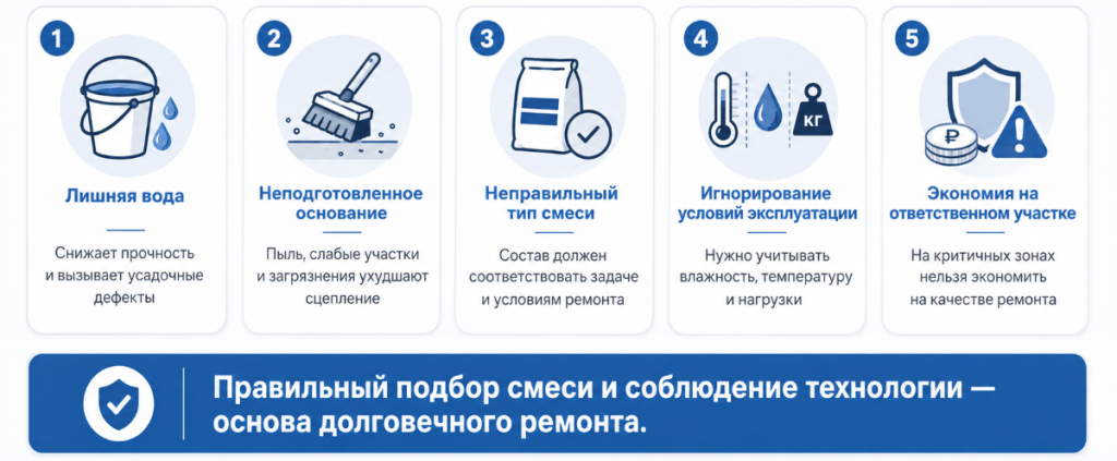 Инфографика про пять главных ошибок при ремонте бетона