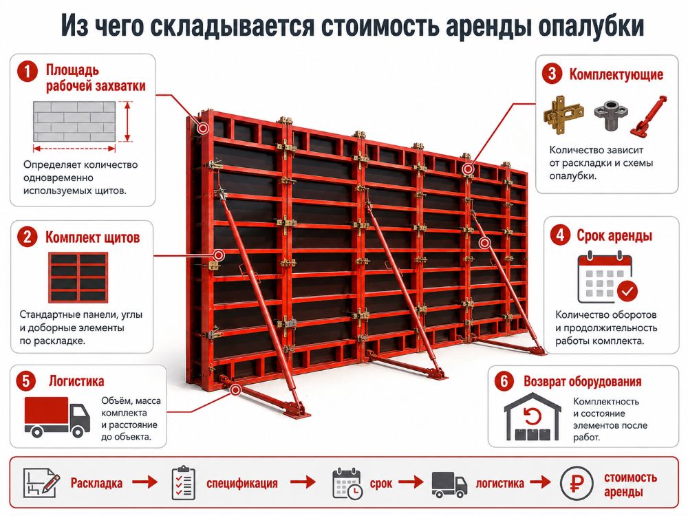 Стоимость аренды опалубки зависит от площади захватки, комплекта щитов, количества комплектующих, срока аренды, логистики и условий возврата оборудования