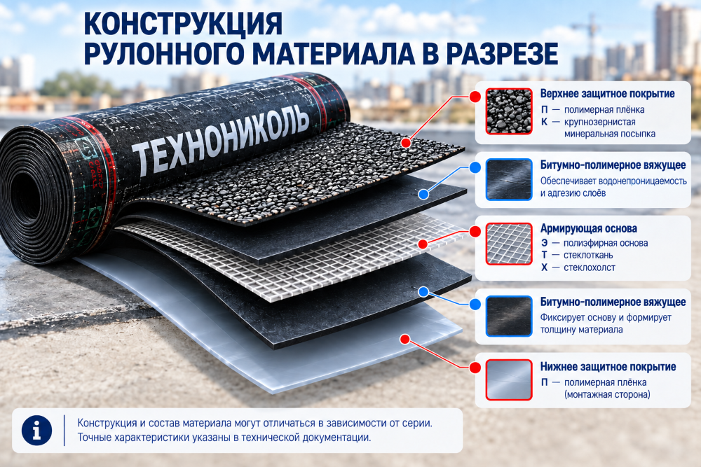 Конструкция рулонной гидроизоляции в разрезе: верхнее защитное покрытие, битумно-полимерное вяжущее, армирующая основа и нижняя полимерная пленка