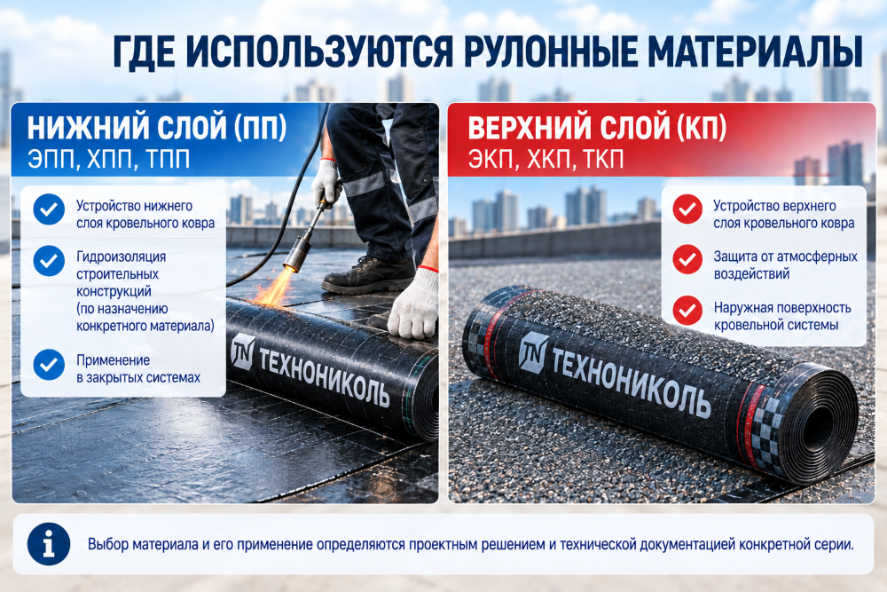 Применение рулонной гидроизоляции: ЭПП, ХПП и ТПП для нижних и промежуточных слоев, ЭКП, ХКП и ТКП для верхнего слоя кровельного ковра
