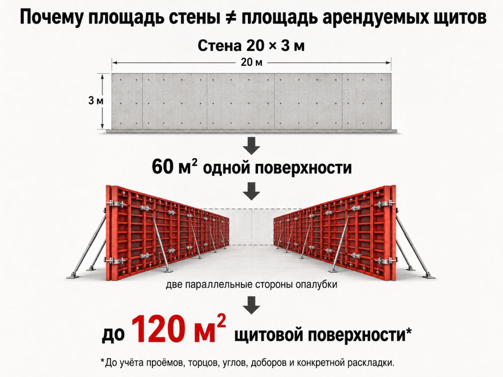 Расчет площади арендуемой опалубки для стены с учетом двух сторон конструкции, проемов, торцов, углов, доборных щитов и схемы раскладки