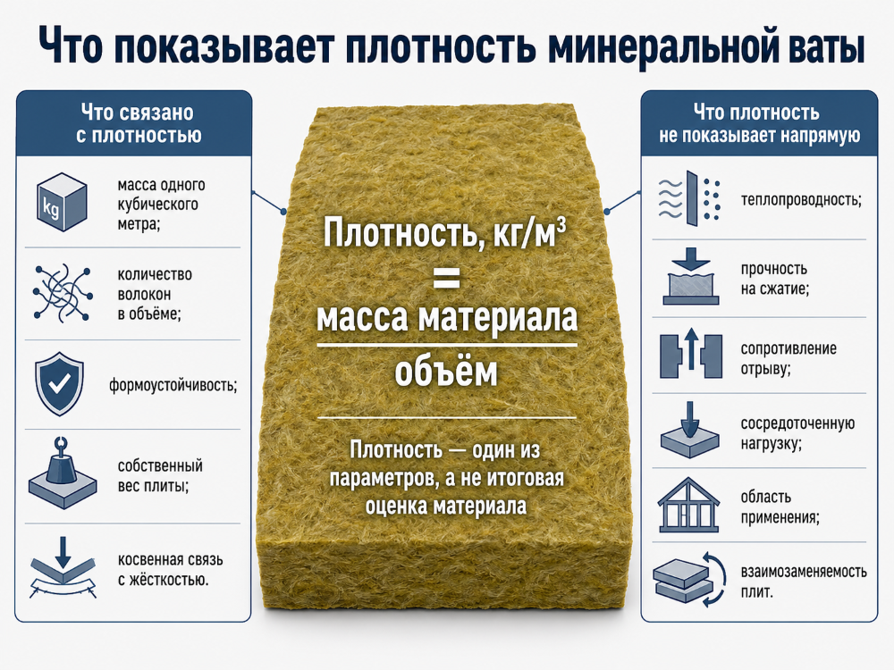 Плотность каменной ваты в кг/м³ как отношение массы к объему и ее связь с жесткостью, формоустойчивостью, прочностью и областью применения утеплителя