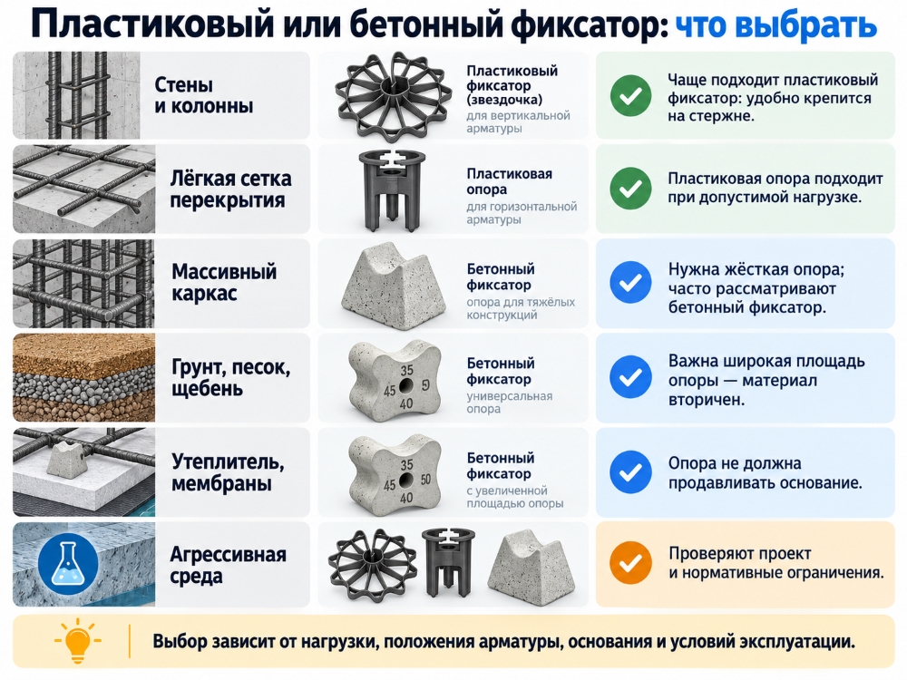 Пластиковые и бетонные фиксаторы арматуры: выбор по нагрузке, положению каркаса, типу основания и условиям эксплуатации