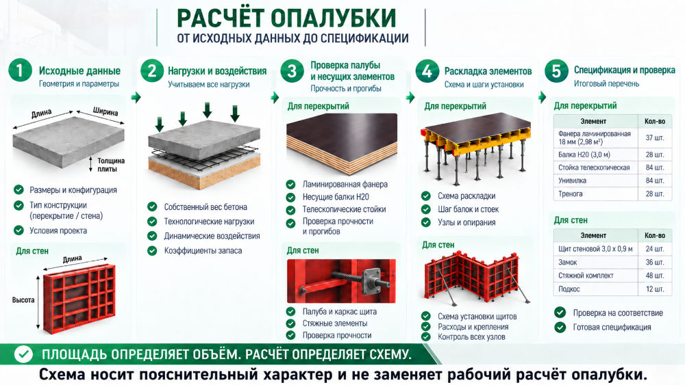 Расчет опалубки от исходных данных и определения нагрузок до проверки несущих элементов, разработки раскладки и составления спецификации