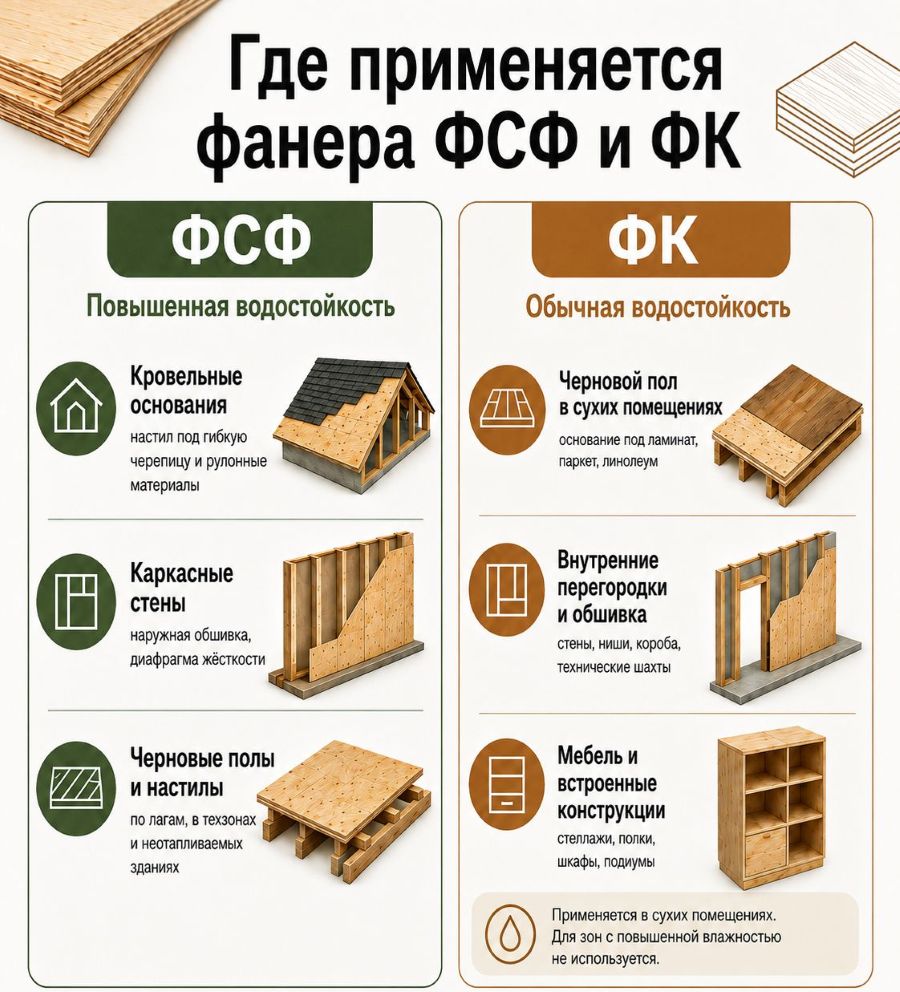 Области применения фанеры ФСФ и ФК: кровельные основания, каркасные стены, черновые полы, внутренние перегородки, обшивка и мебель