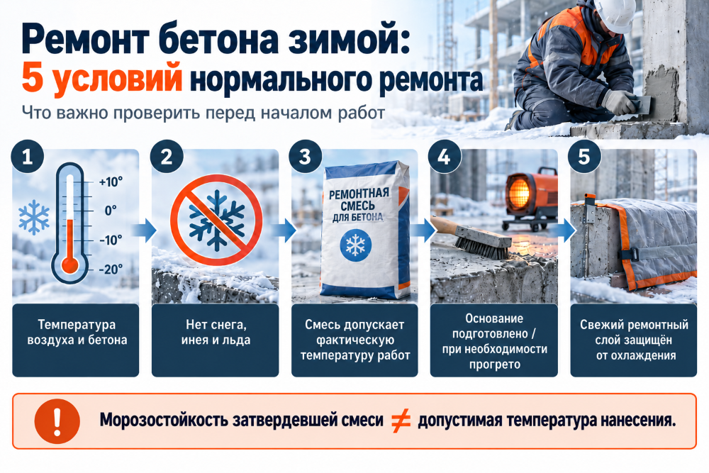 Пять условий зимнего ремонта бетона: контроль температуры, очистка основания, выбор ремонтной смеси, подготовка поверхности и защита свежего слоя от охлаждения