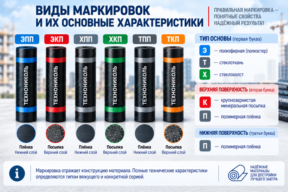 Маркировка ЭПП, ЭКП, ХПП, ХКП, ТПП и ТКП: тип армирующей основы, верхнее покрытие и нижняя поверхность рулонной гидроизоляции